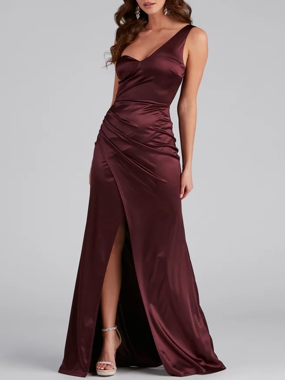 Windsor Darlene Formal Satin Wrap Slit Long Dress in Maroon